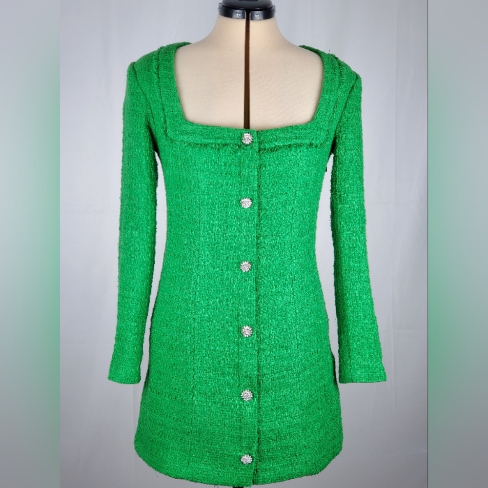 Zara Green Tweed Textured Weave Blazer Dress